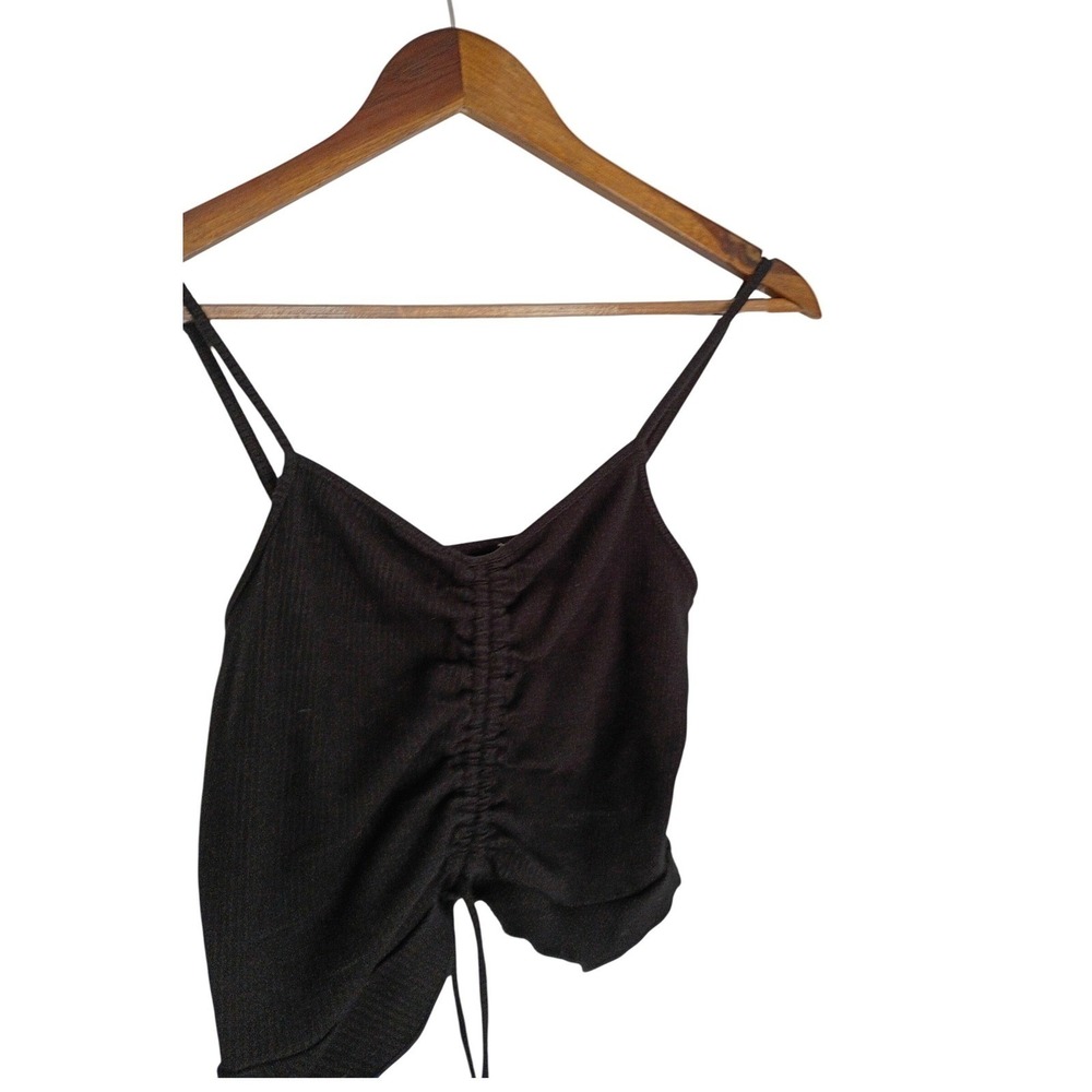 LOVE TREE Black Ribbed Cinched Front Cami Top Spaghetti Strap Cropped Coquette S